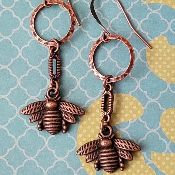 HONEY BEE Copper Charm Earrings Brass Hook Ear wires Bumble Bee, Insect - Picture 4 of 10